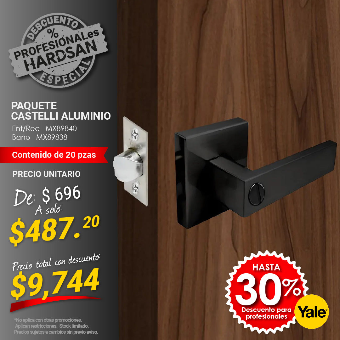 Paquete de Cerraduras Manija Castelli Aluminio. 20 pzas