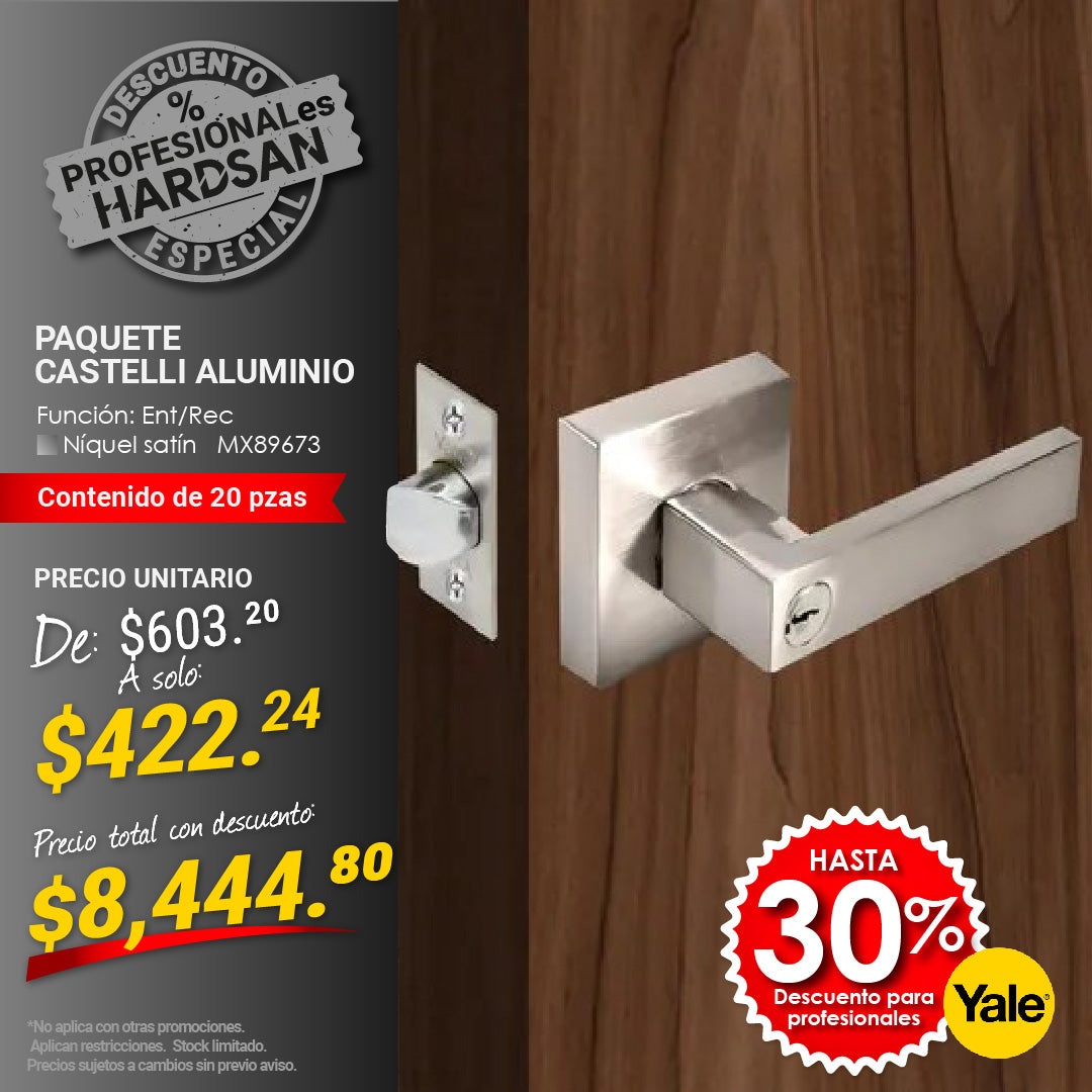 Paquete de Cerraduras Manija Castelli Aluminio. 20 pza.