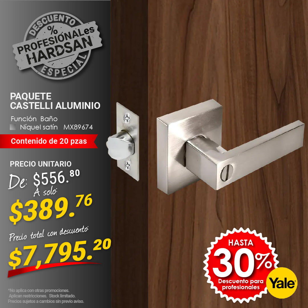 Paquete de Cerraduras Manija Castelli Aluminio. 20 piezas