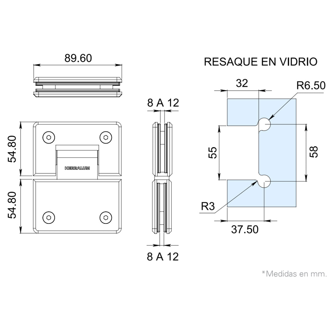 Bisagra vidrio a vidrio para cancel de baño